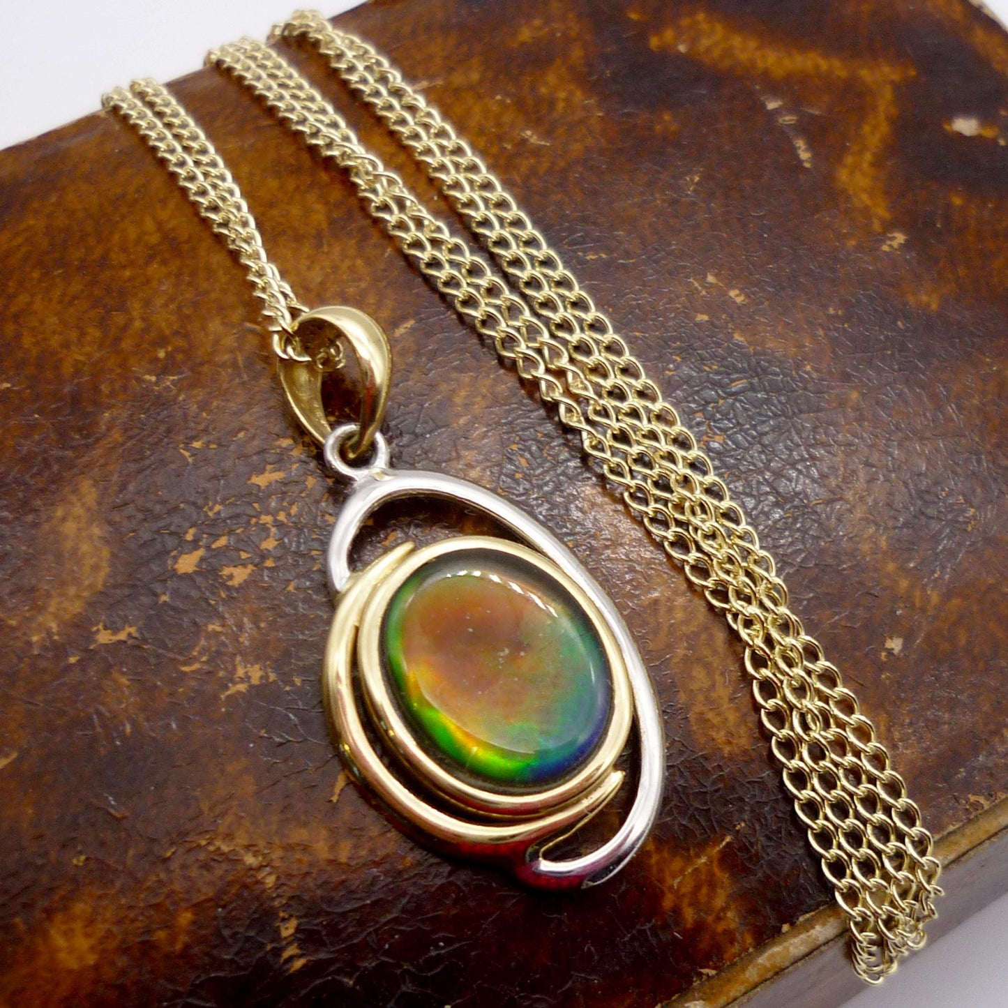 Vintage 14k Ammolite Pendant on Chain, White & Yellow Gold Necklace