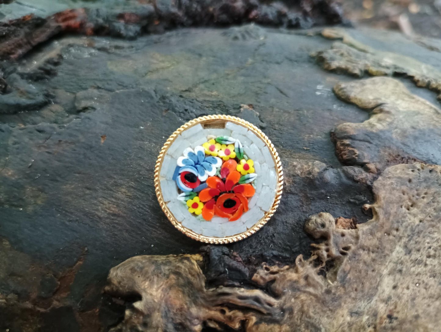Vintage Italian Micro Mosaic Brooch: Gold Plated Floral Tile Art