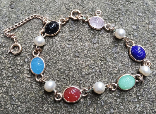 Vintage Gold Plated Scarab Bracelet: Egyptian Revival Faux Pearl Jewelry