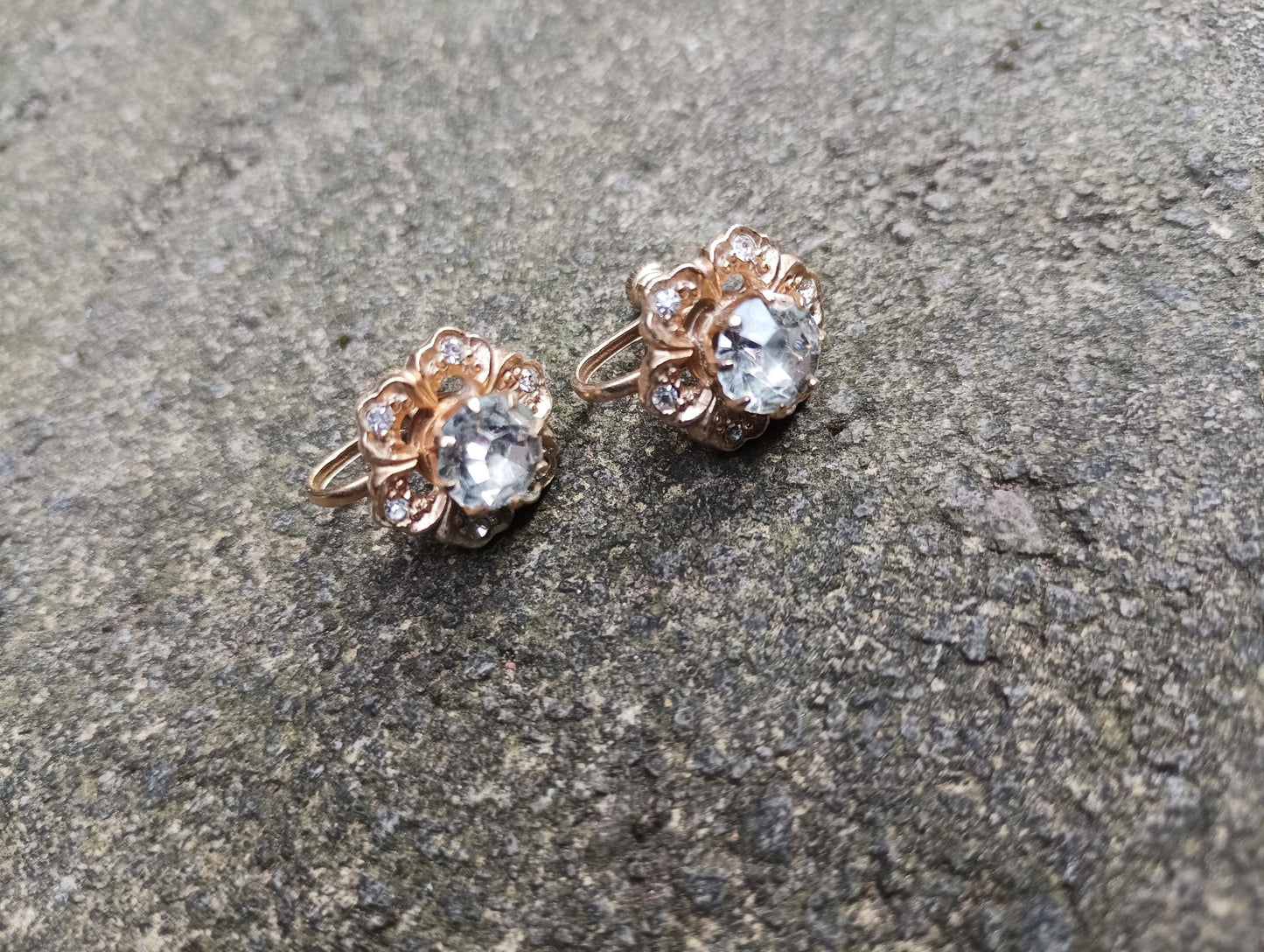 Vintage Floral Crystal Earrings: Gold Plated Screw Back, 1960s