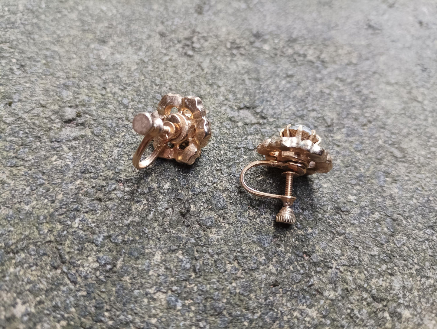 Vintage Floral Crystal Earrings: Gold Plated Screw Back, 1960s