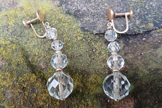 Vintage Art Deco Crystal Dangle Earrings, Gold Plated Screw Back