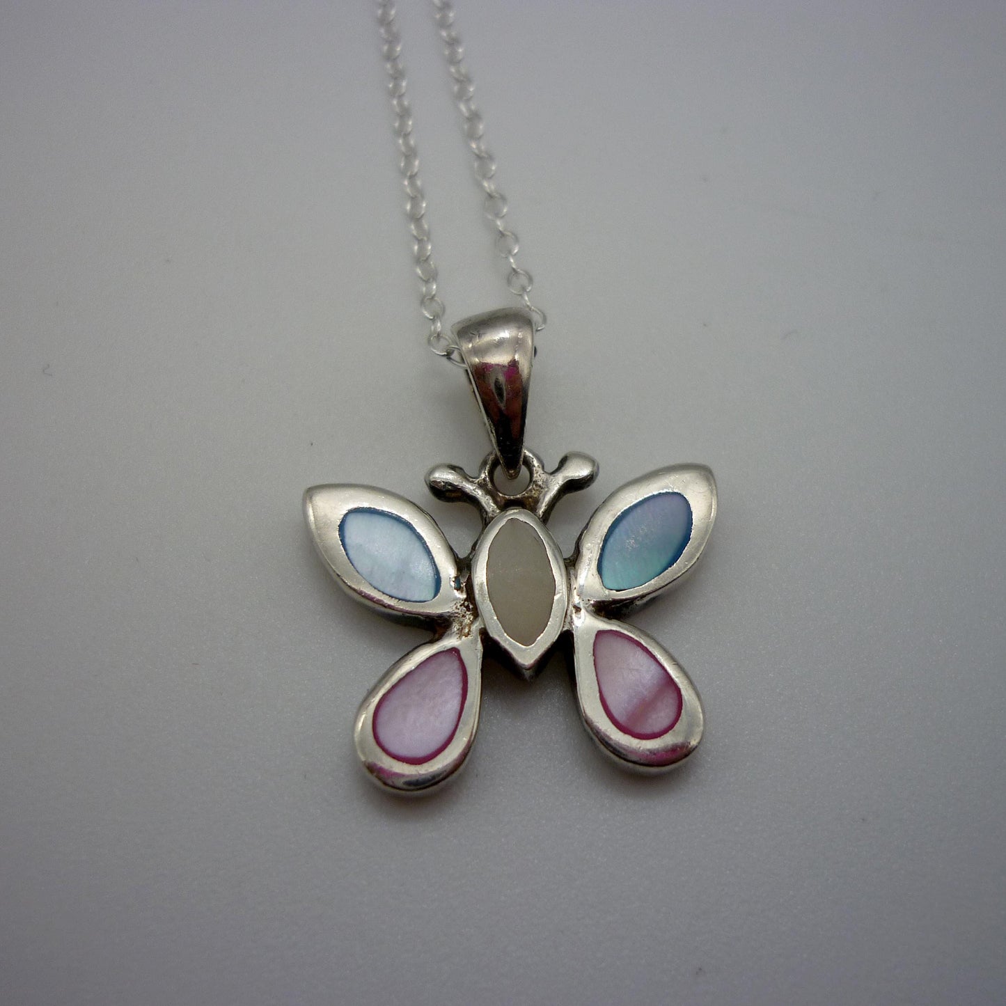 Vintage Small Silver Butterfly Pendant on Dainty Silver Chain, Mother of Pearl Necklace