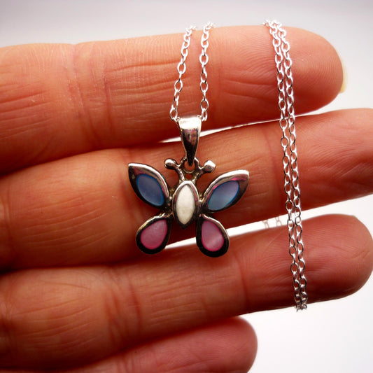 Vintage Small Silver Butterfly Pendant on Dainty Silver Chain, Mother of Pearl Necklace