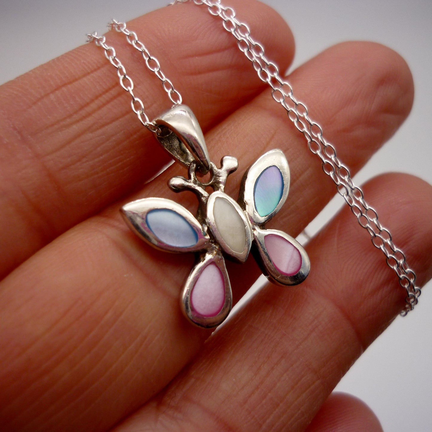 Vintage Small Silver Butterfly Pendant on Dainty Silver Chain, Mother of Pearl Necklace