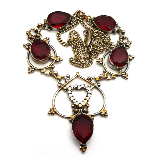 Vintage Victorian Style Sterling Silver Bib Necklace: Garnet Glass Heart Pendant