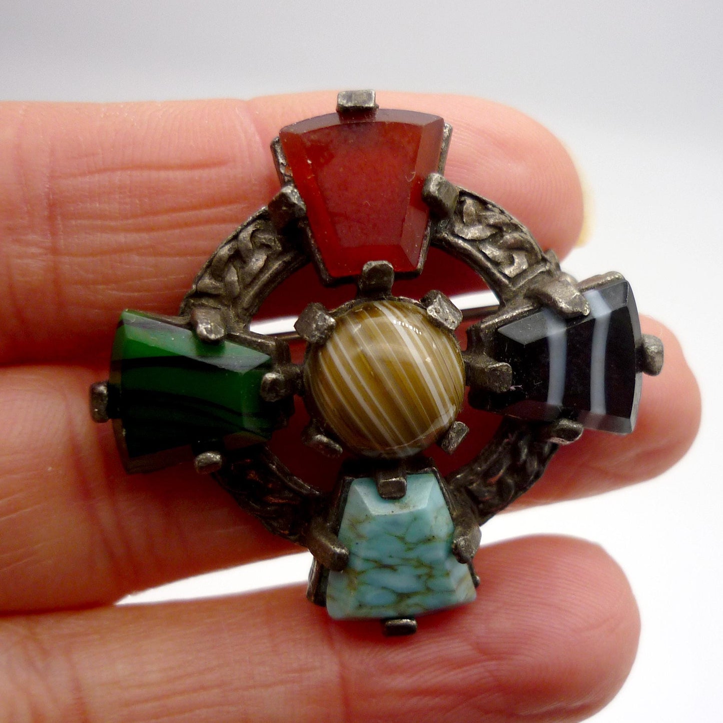 Vintage Celtic Brooch, Costume Silver and Faux Gemstone Brooch