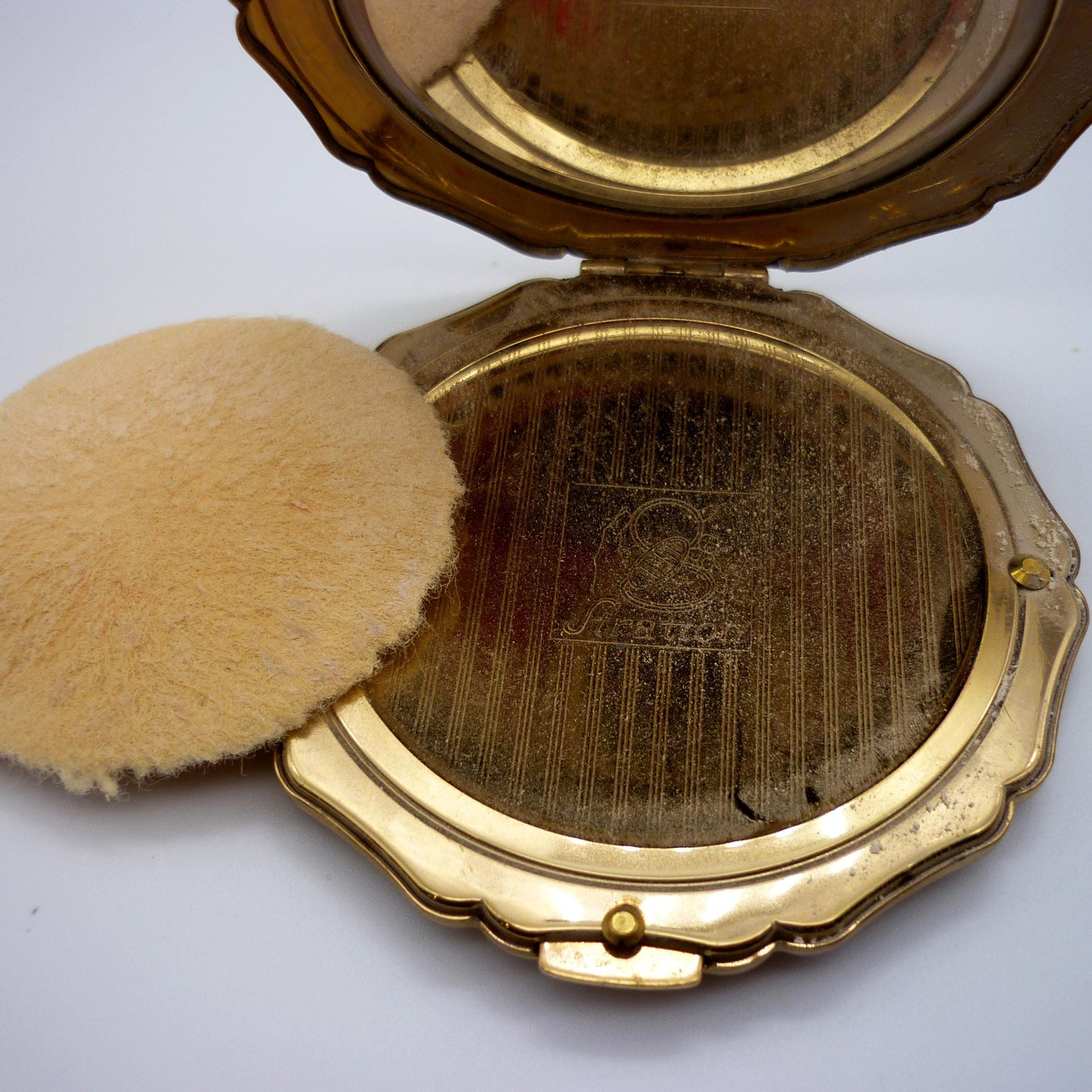 Vintage Stratton Compact in Hand with Blue Enamel Lid