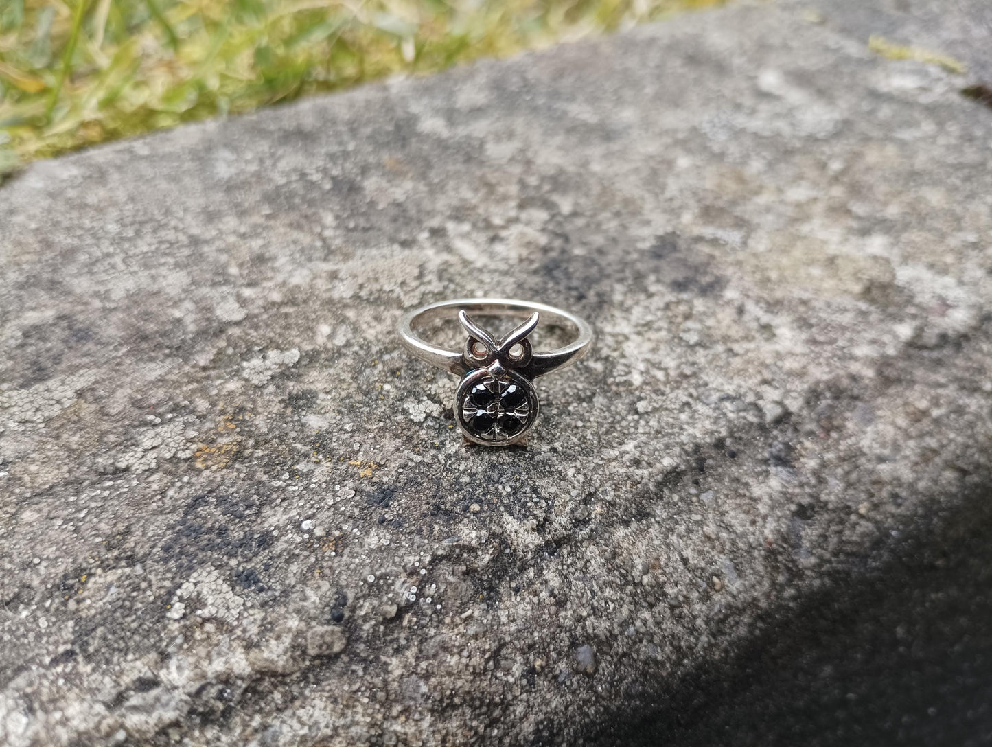 Dainty Sterling Silver Owl Ring with Black Spinel Stones, Size 6.75