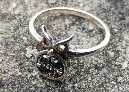 Dainty Sterling Silver Owl Ring with Black Spinel Stones, Size 6.75