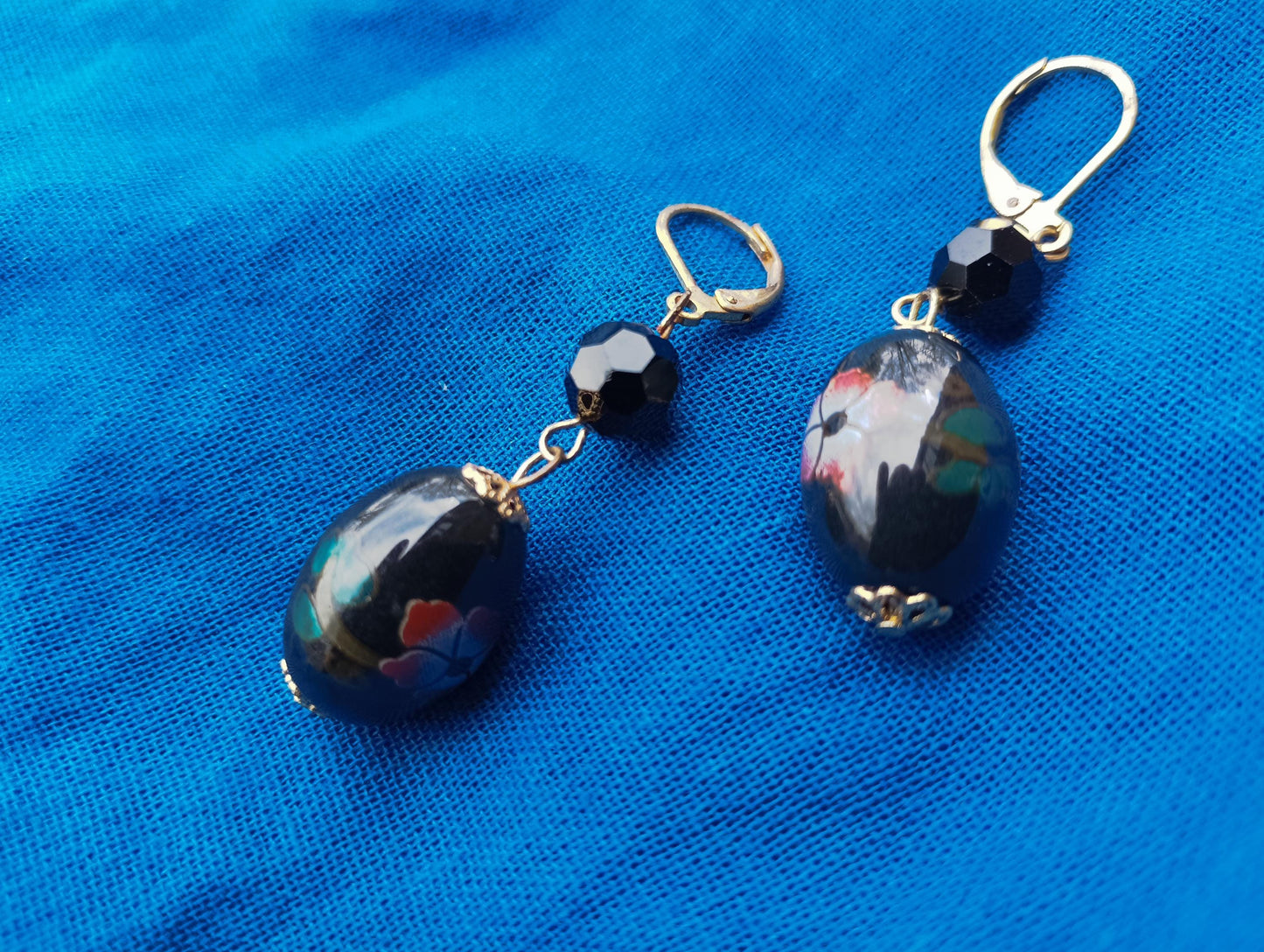 Vintage Floral Ceramic Drop Earrings: Gold Plated Oriental Jewelry