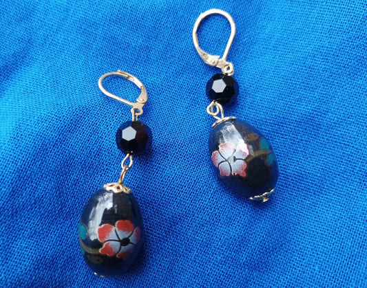 Vintage Floral Ceramic Drop Earrings: Gold Plated Oriental Jewelry