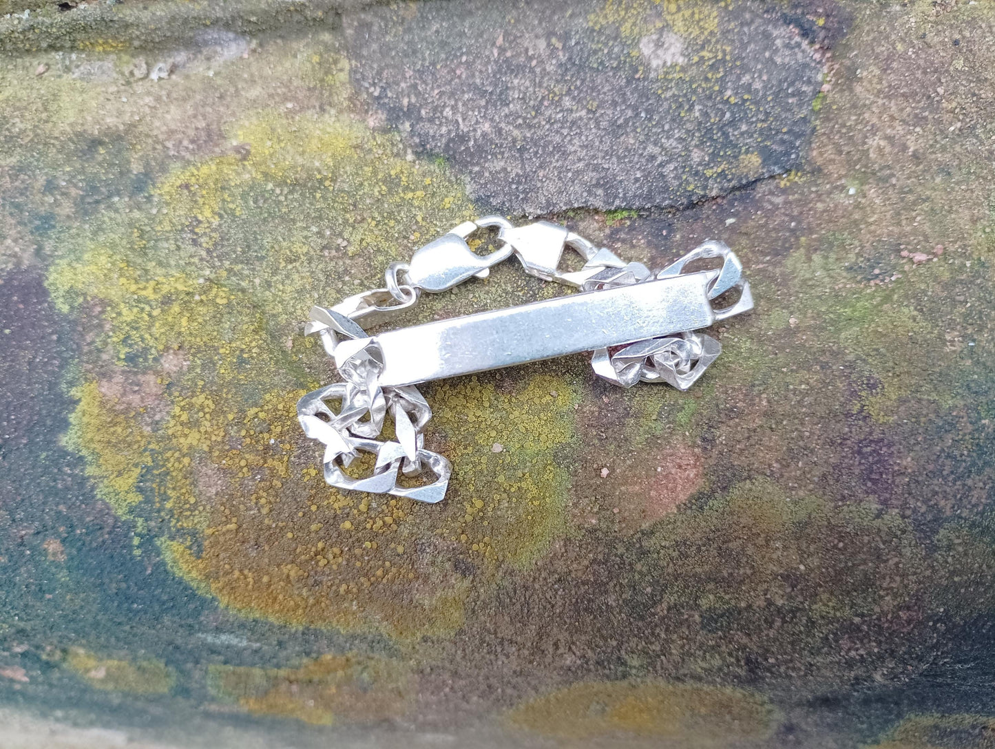 Vintage Sterling Silver Curb Chain Bracelet: Blank Identity Plate, Men's Jewelry