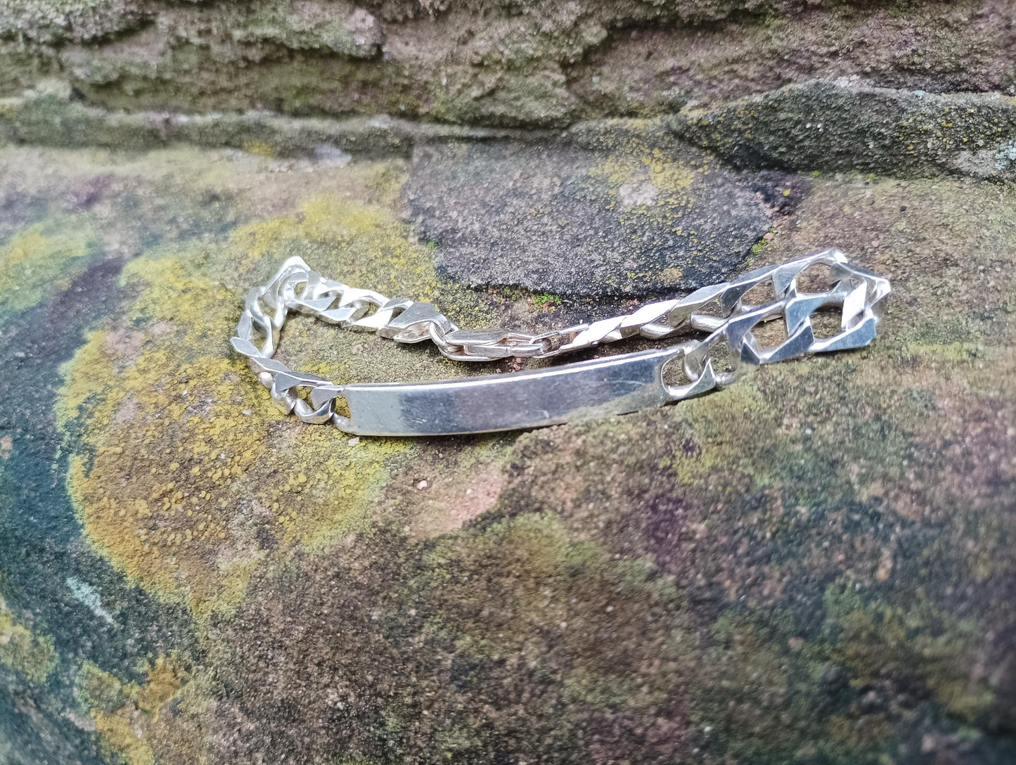 Vintage Sterling Silver Curb Chain Bracelet: Blank Identity Plate, Men's Jewelry
