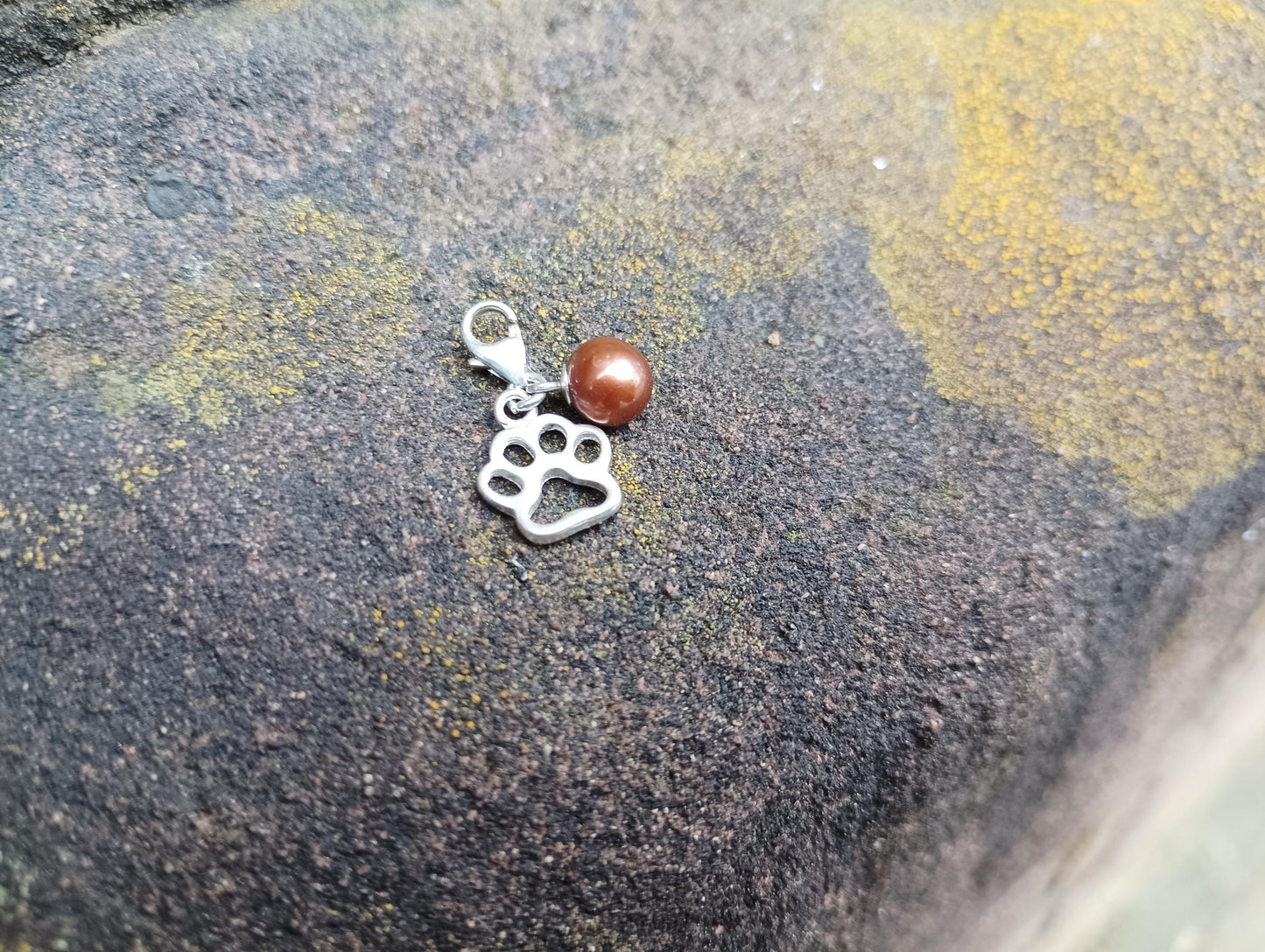Vintage Paw Print Charm: Silver Tone Pet Tag with Brown Enamel Ball