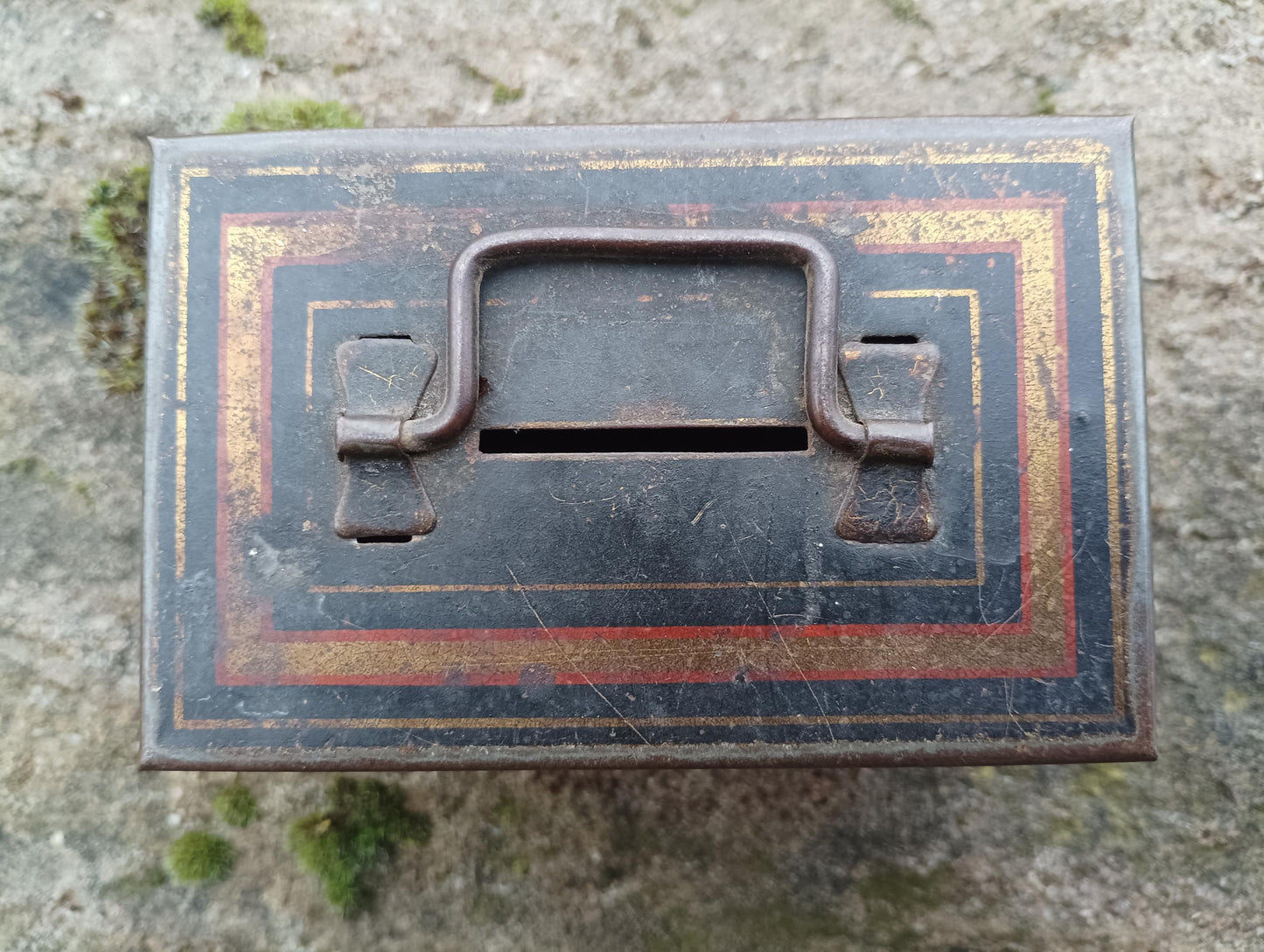 Antique Victorian Black Metal Cash Box: Toleware Moneybox