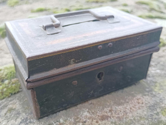 Antique Victorian Black Metal Cash Box: Toleware Moneybox