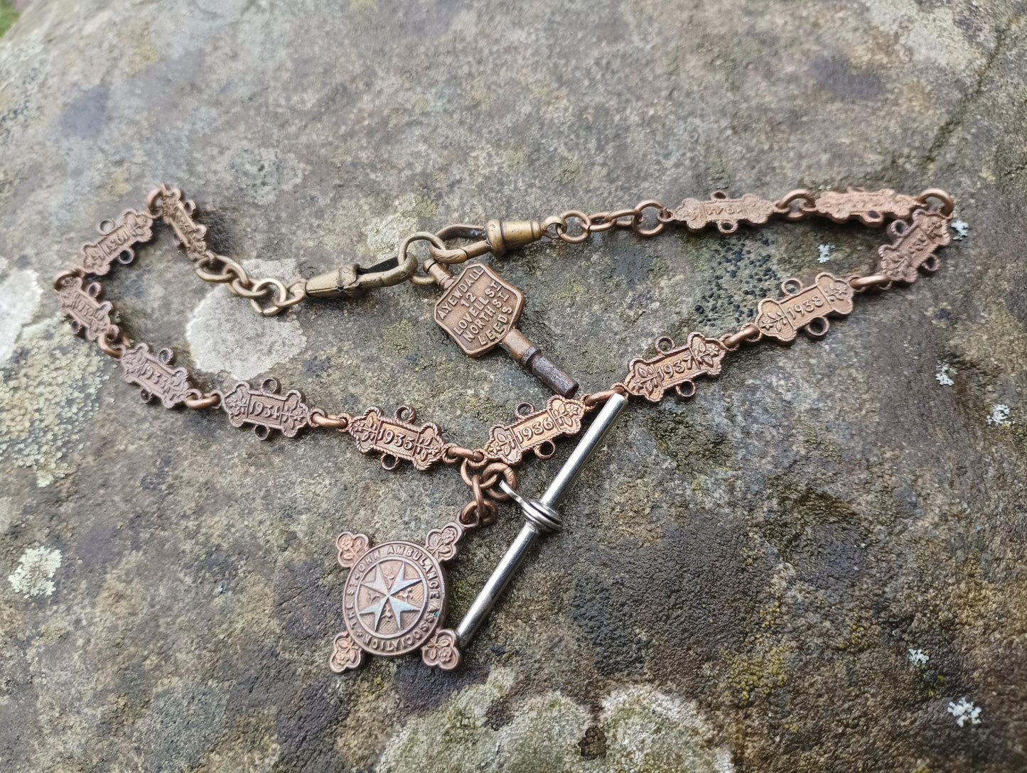 Antique Bronze St John's Ambulance Albert Chain: WW2 Medal, Watch Key