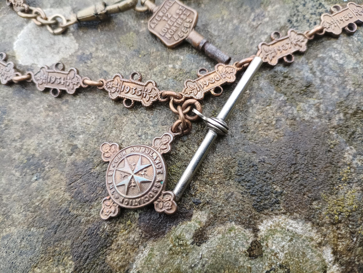 Antique Bronze St John's Ambulance Albert Chain: WW2 Medal, Watch Key