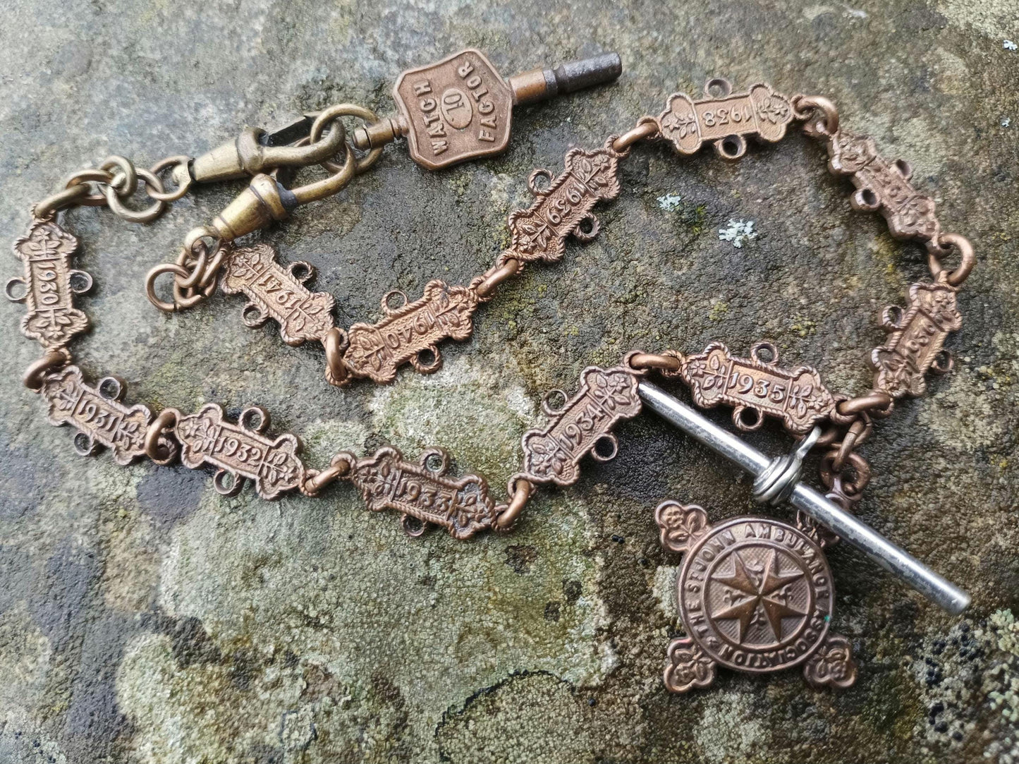 Antique Bronze St John's Ambulance Albert Chain: WW2 Medal, Watch Key