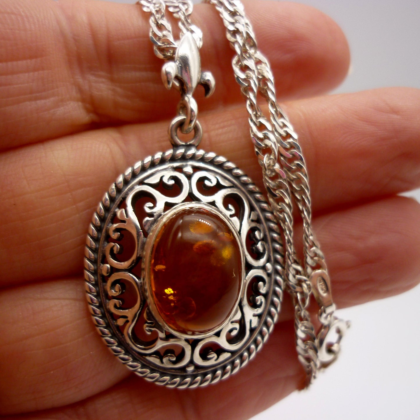 Vintage Amber and Silver Pendant on Long Twist Chain