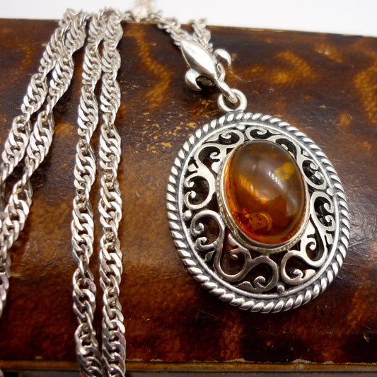 Vintage Amber and Silver Pendant on Long Twist Chain