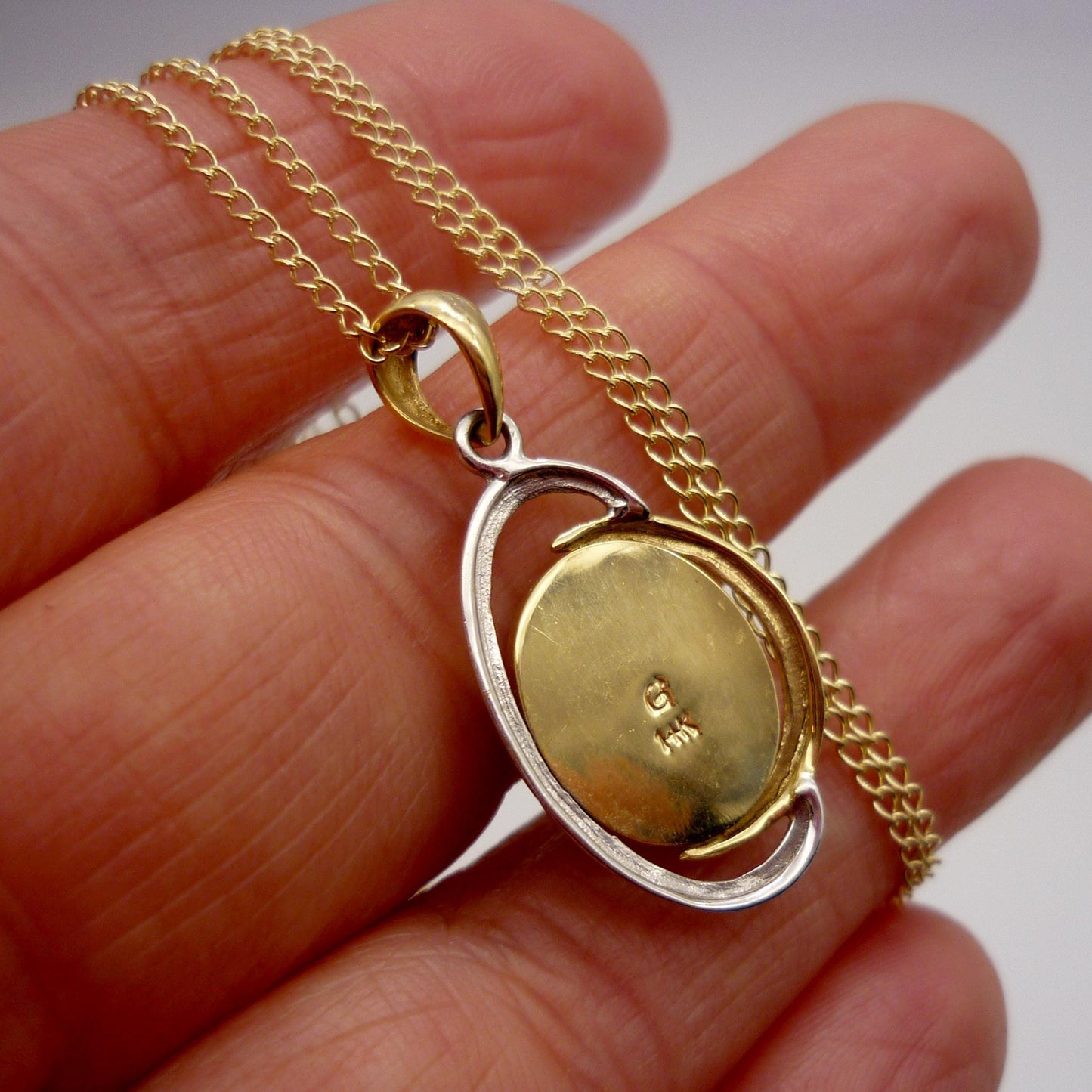 Vintage 14k Ammolite Pendant on Chain, White & Yellow Gold Necklace