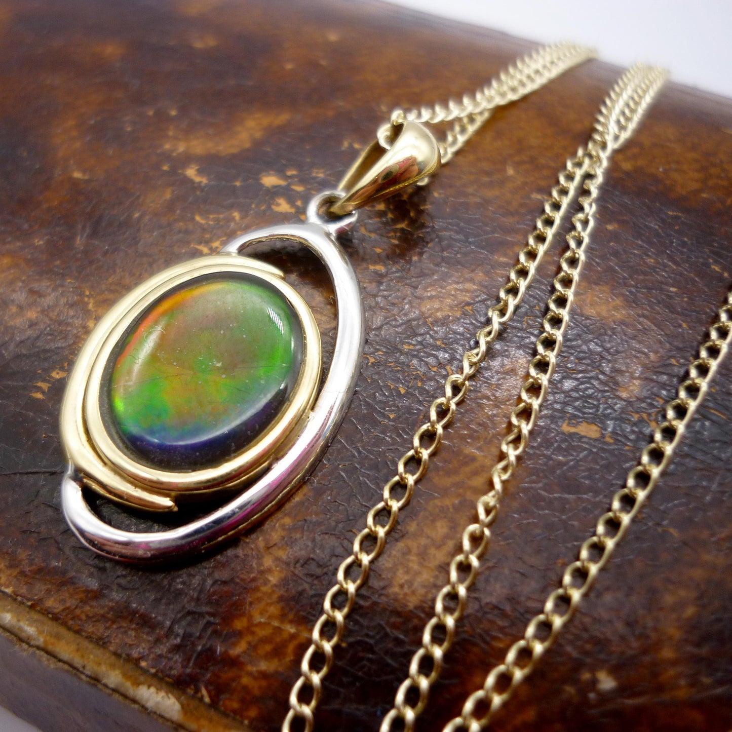 Vintage 14k Ammolite Pendant on Chain, White & Yellow Gold Necklace