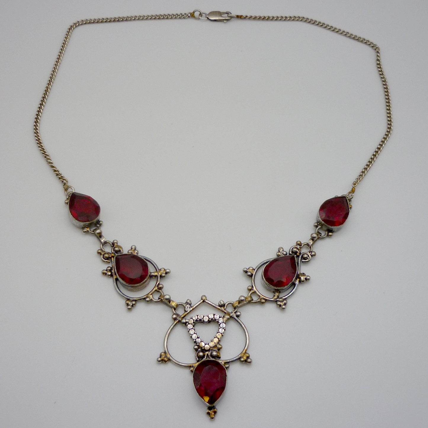 Vintage Victorian Style Sterling Silver Bib Necklace: Garnet Glass Heart Pendant