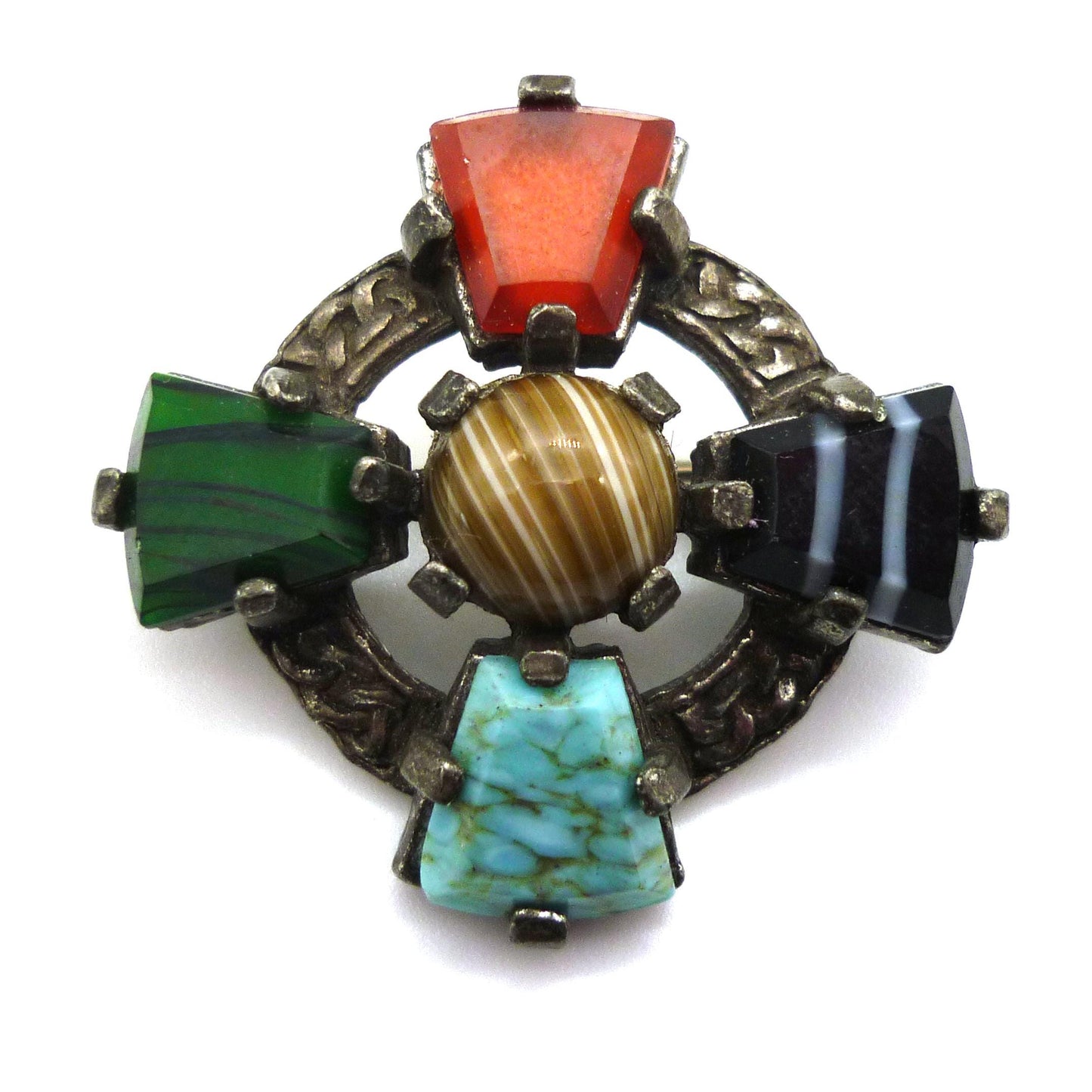 Vintage Celtic Brooch, Costume Silver and Faux Gemstone Brooch