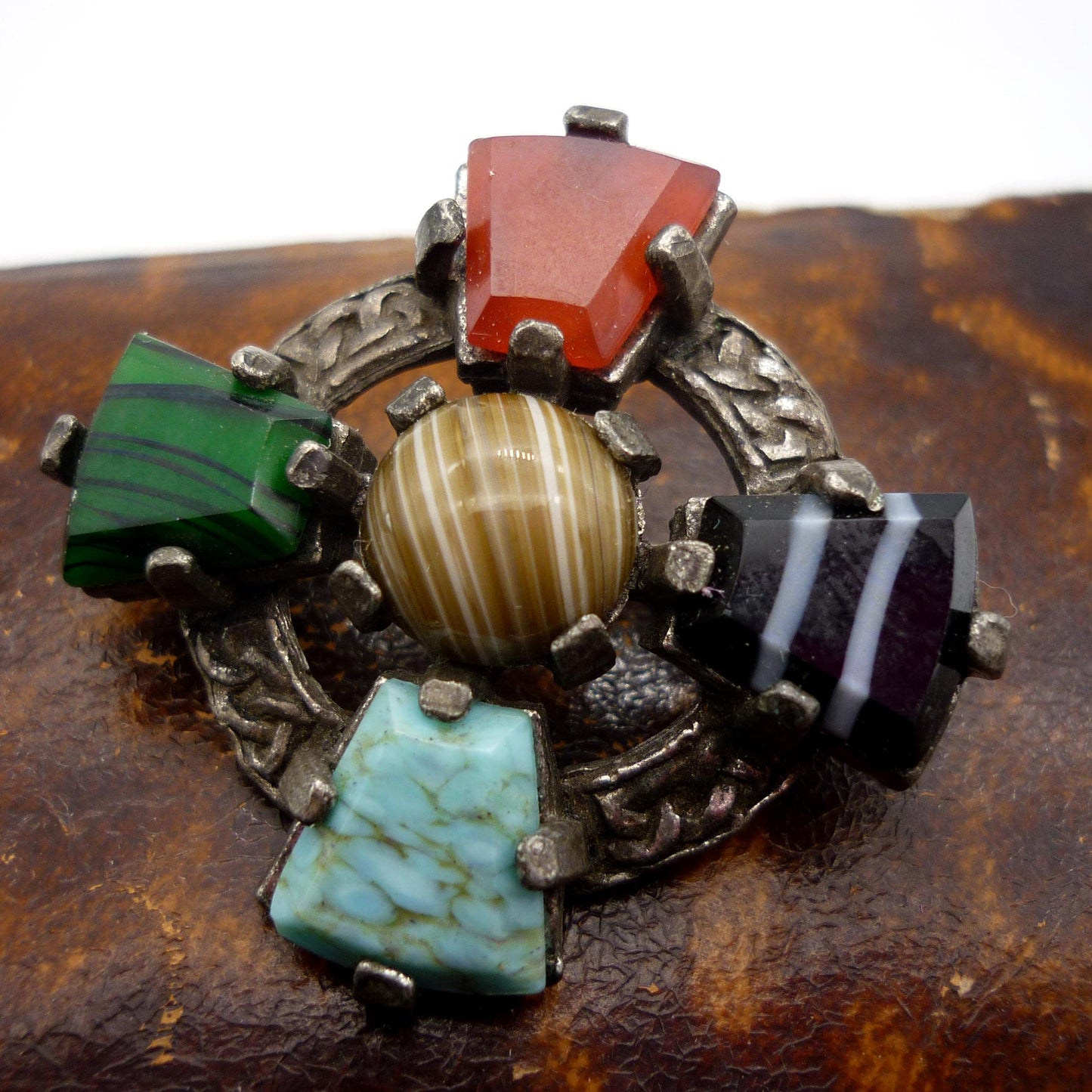 Vintage Celtic Brooch, Costume Silver and Faux Gemstone Brooch