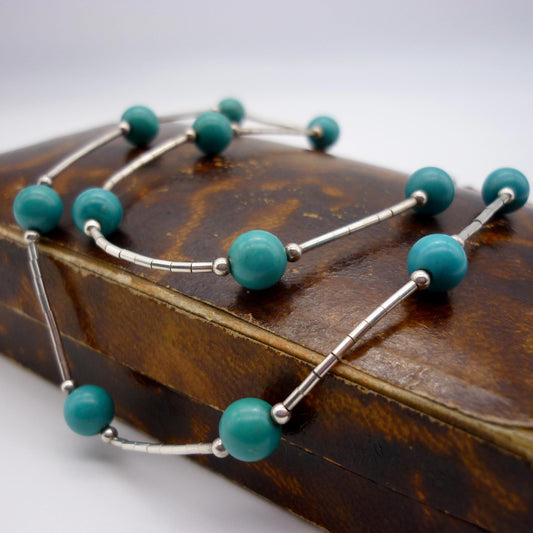 Vintage Sterling Silver & Turquoise Bead Station Necklace