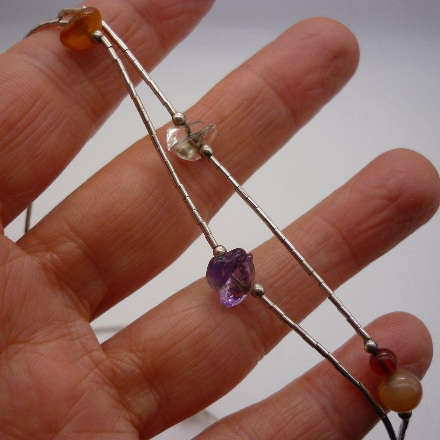 Vintage Liquid Silver & Crystal Beaded Station Necklace