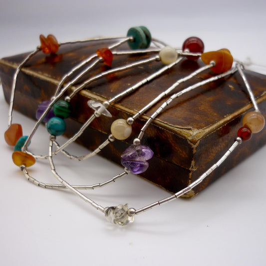 Vintage Liquid Silver & Crystal Beaded Station Necklace