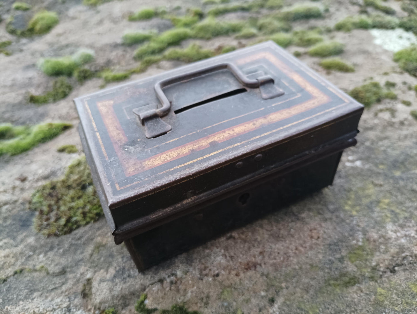 Antique Victorian Black Metal Cash Box: Toleware Moneybox