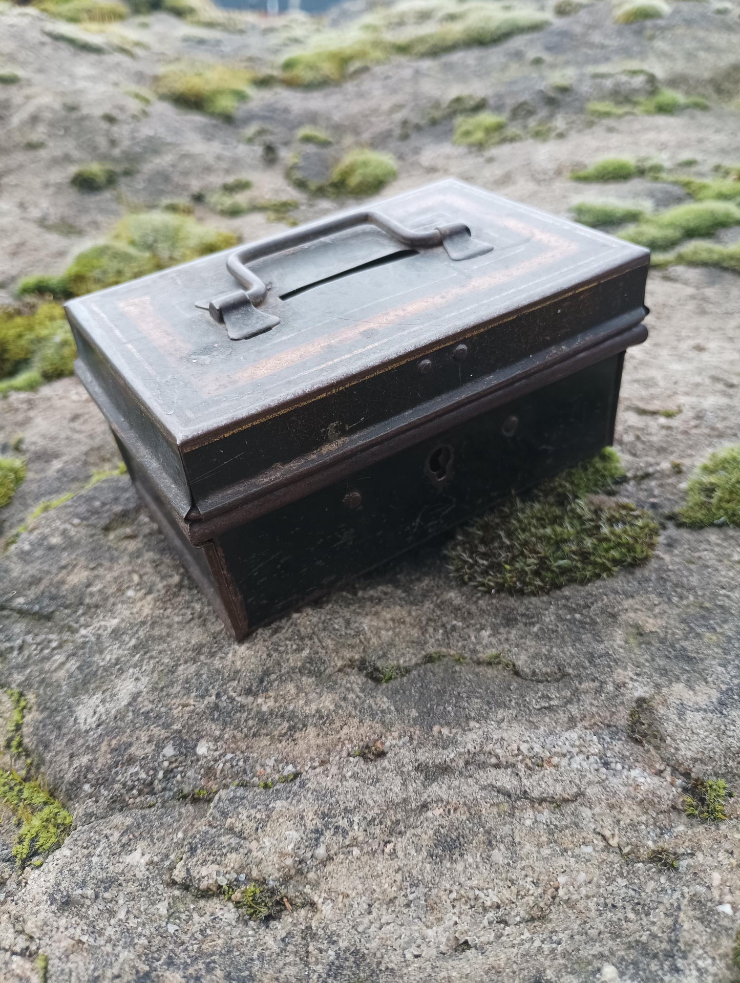 Antique Victorian Black Metal Cash Box: Toleware Moneybox