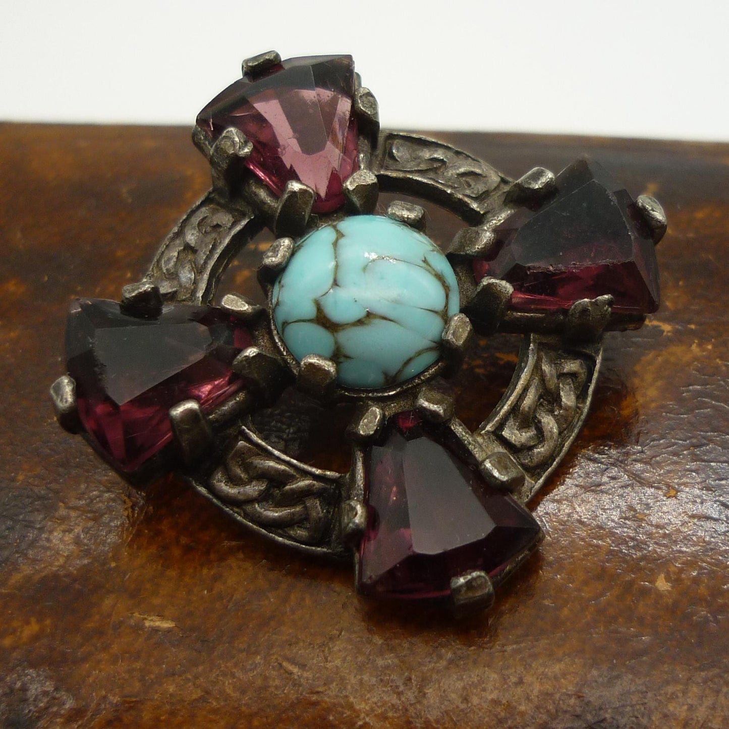 Vintage Miracle Celtic Brooch, Costume Silver and Faux Amethyst & Turquoise Brooch