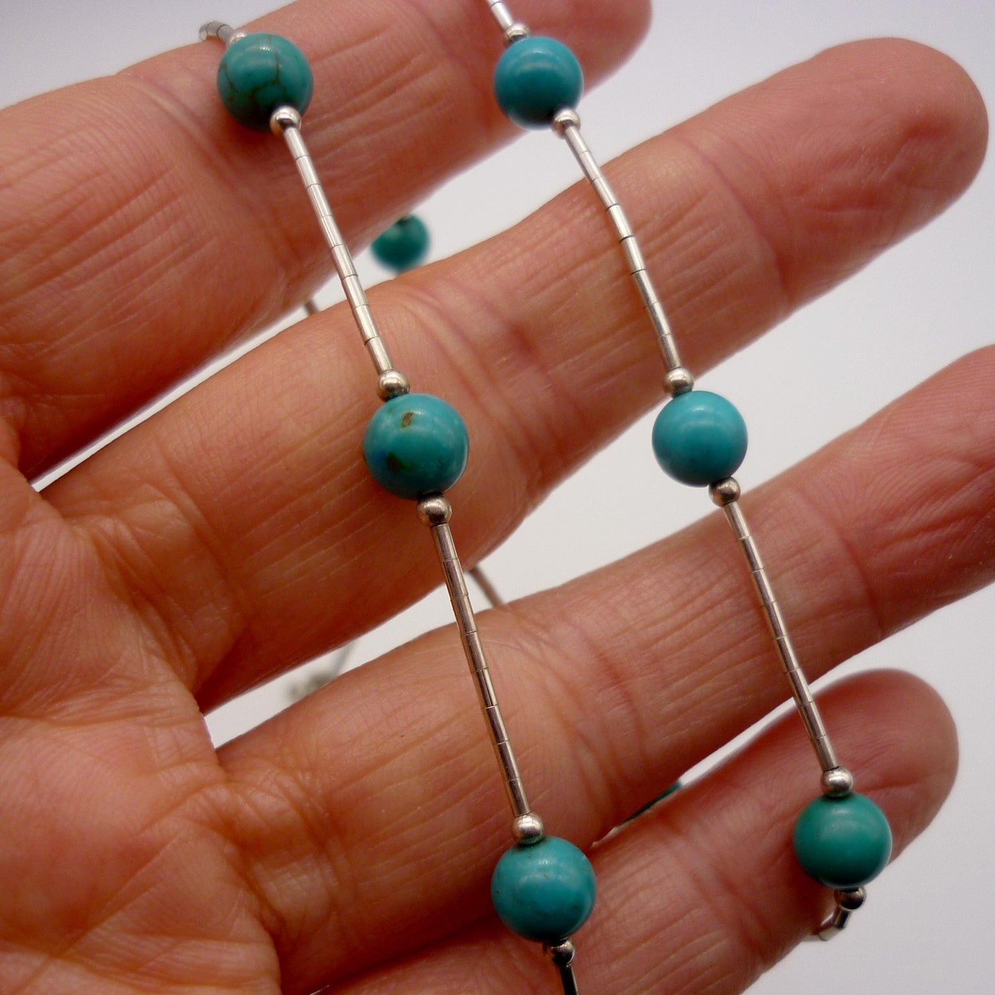 Vintage Sterling Silver & Turquoise Bead Station Necklace