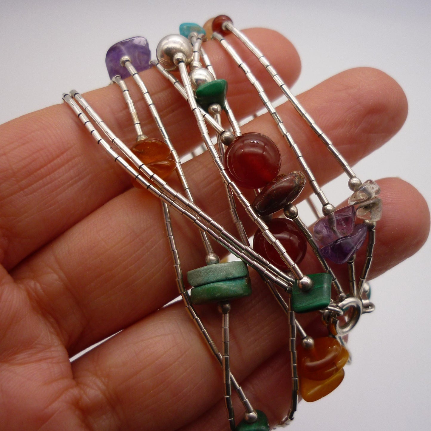 Vintage Liquid Silver & Crystal Beaded Station Necklace