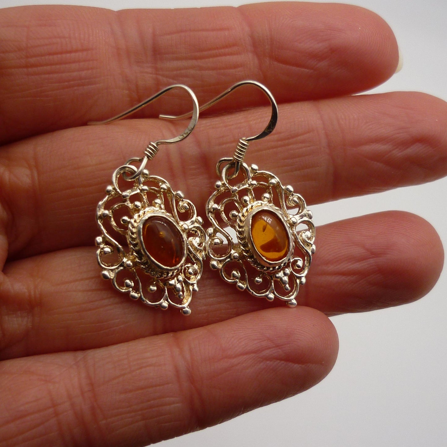 Vintage Amber Sterling Silver Filigree Dangle Earrings