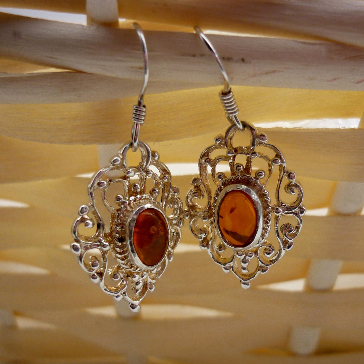 Vintage Amber Sterling Silver Filigree Dangle Earrings