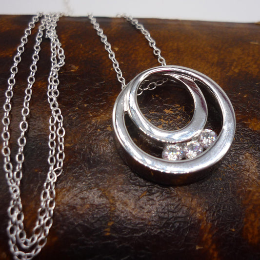 Sterling Silver Circle & Crescent Pendant Set With Simulated Diamonds, Diamonique Necklace