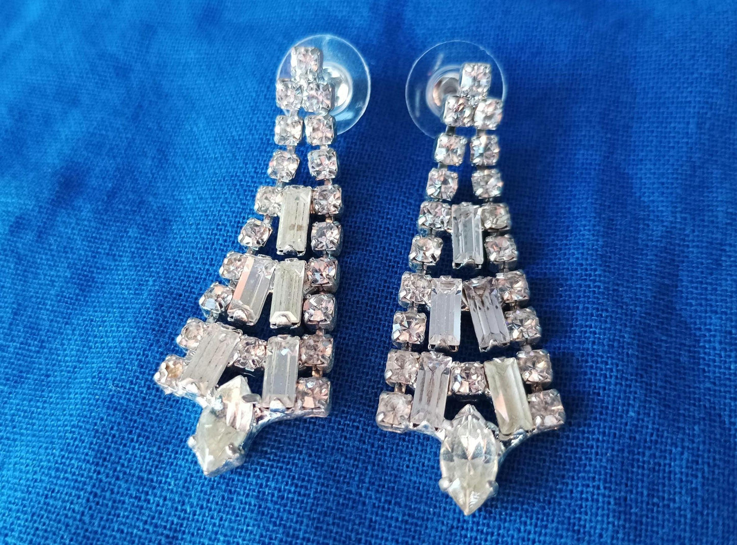 Vintage Rhinestone Dangle Earrings: Silver Plated Chandelier Costume Jewelry
