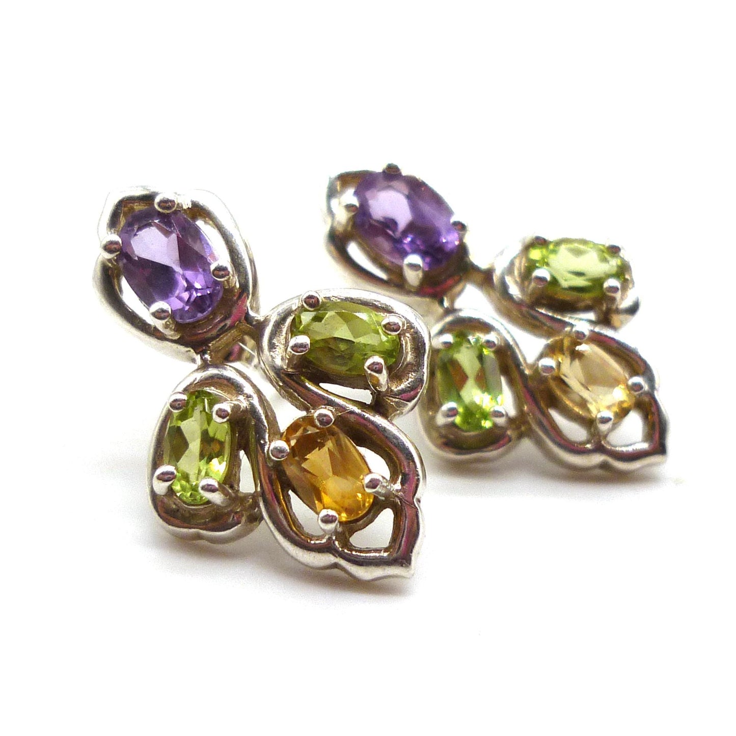 Amethyst, Peridot & Citrine Gemstone Studs, Sterling Silver Multi Stone Earrings