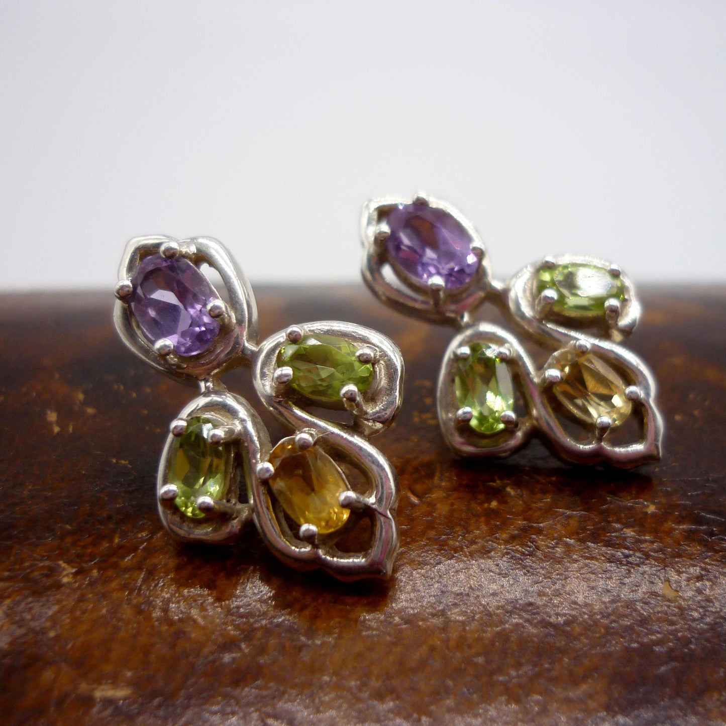 Amethyst, Peridot & Citrine Gemstone Studs, Sterling Silver Multi Stone Earrings