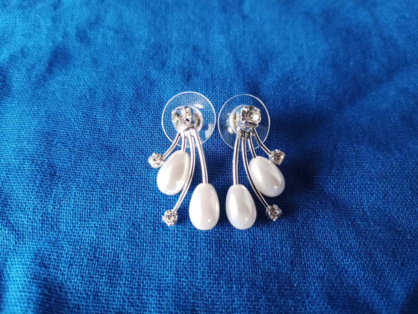 Vintage Crystal Faux Pearl Earrings: Silver Plated Bridal Jewelry