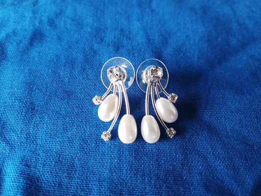 Vintage Crystal Faux Pearl Earrings: Silver Plated Bridal Jewelry