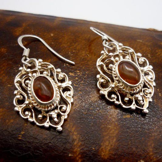 Vintage Amber Sterling Silver Filigree Dangle Earrings