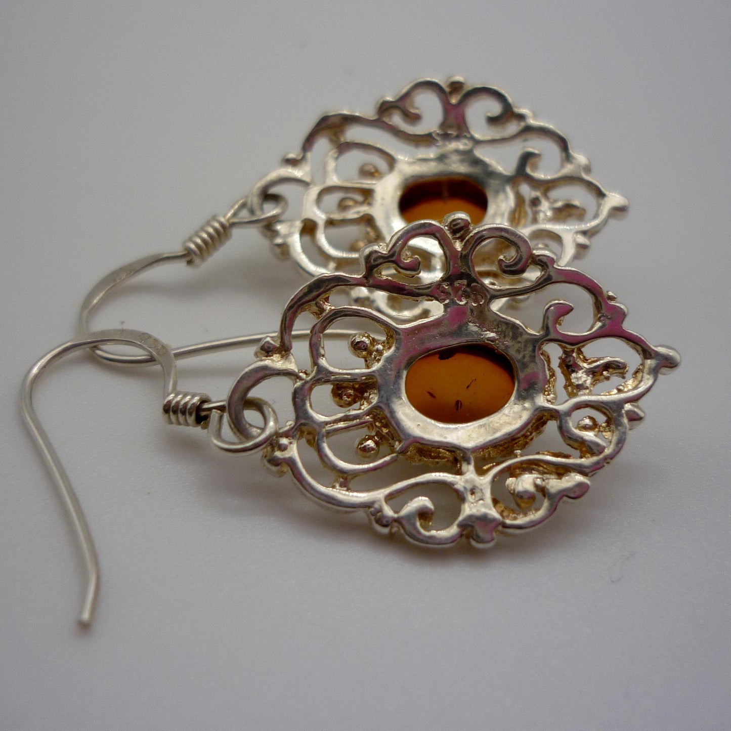 Vintage Amber Sterling Silver Filigree Dangle Earrings