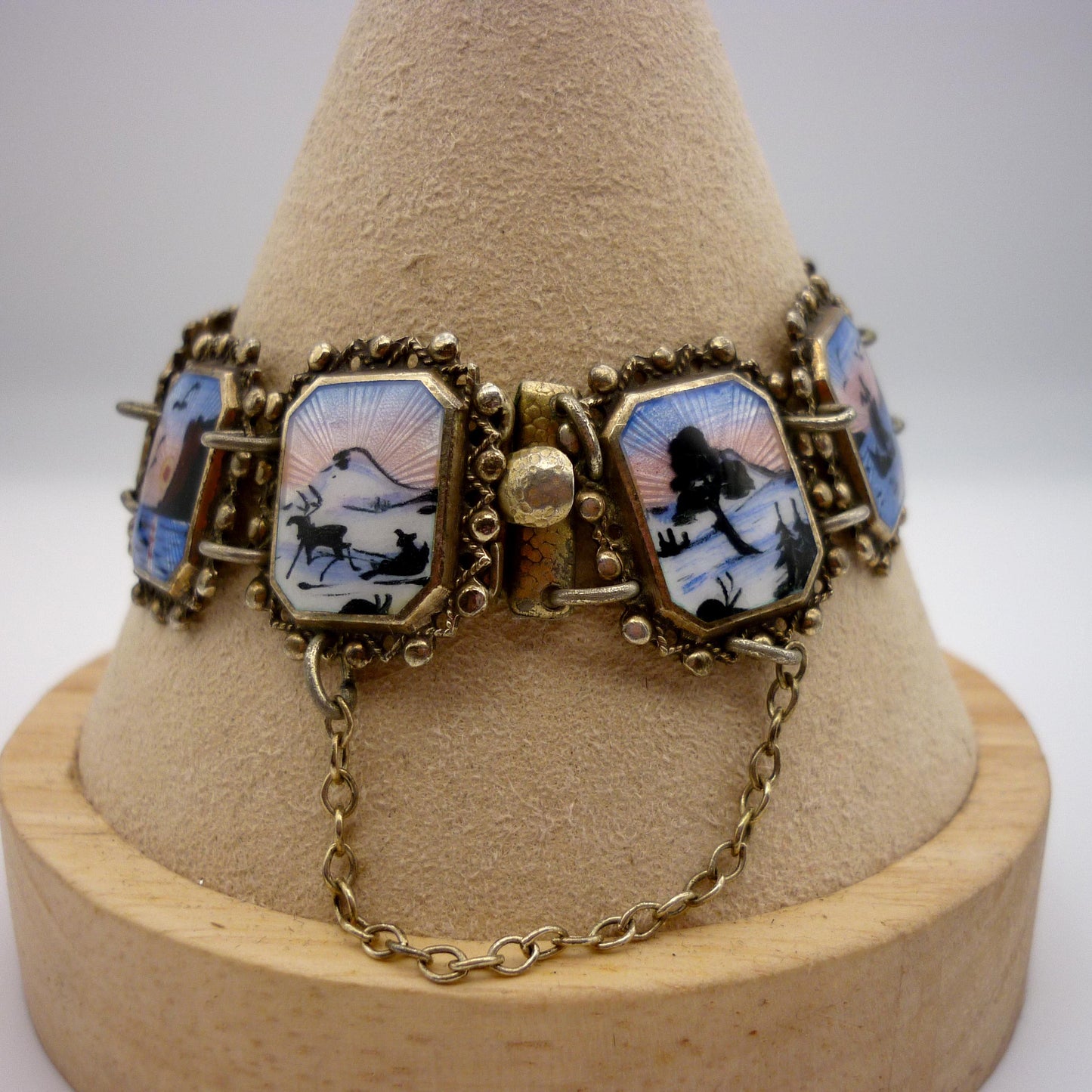 Vintage Norwegian Guilloche Enamel on Silver Miniature Painting Bracelet by Arne Nordlie